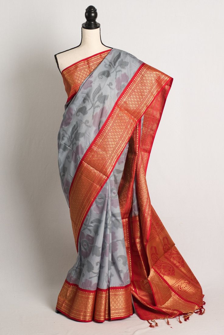 Blended Silk Pochampally Saree in Gray and Red _Bengal Looms