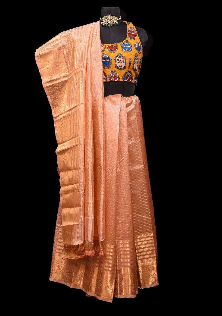 Handwoven Mangalagiri Silk Cotton Saree in Pastel Peach with Zari Checks and Wide Zari Border