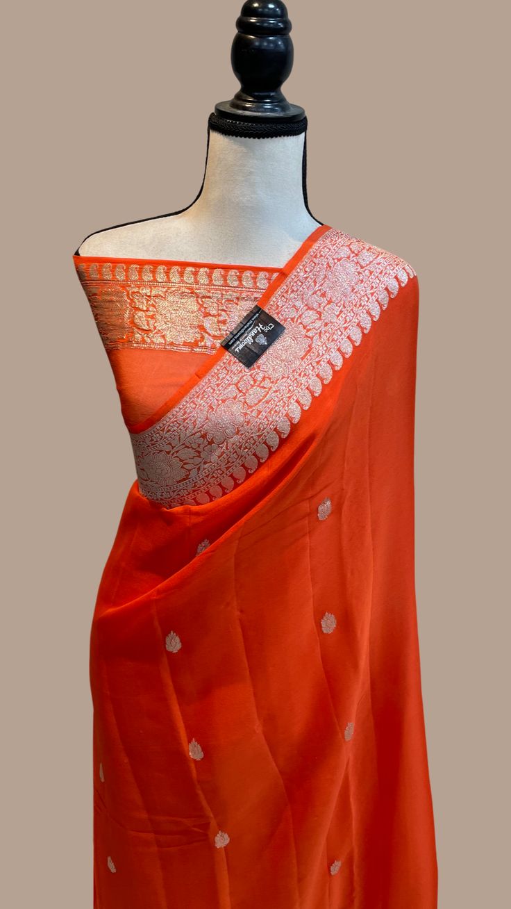 Orange Pure Georgette Banarasi Handloom Saree