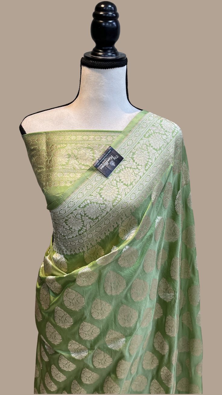 Pista Pure Katan Silk Banarasi Handloom Saree - All over Motifs