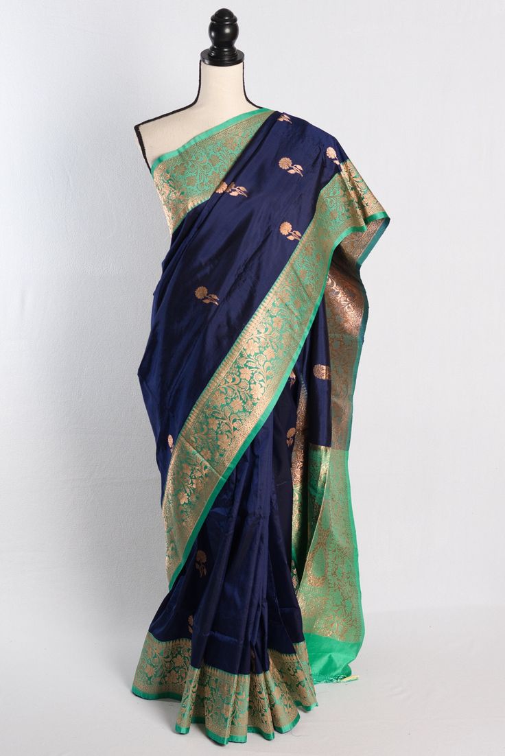 Silk Mark Certified Dark Blue Banarasi Silk Saree With Stitched Blouse, Saree With Blouse Shipped From USA, Bengal Looms - Etsy