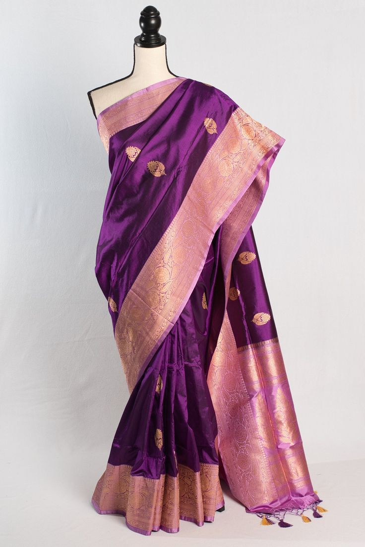 Silk Mark Certified Purple Katan Banarasi Saree With Stitched Blouse, Saree With Blouse Shipped From USA, Bengal Looms - Etsy