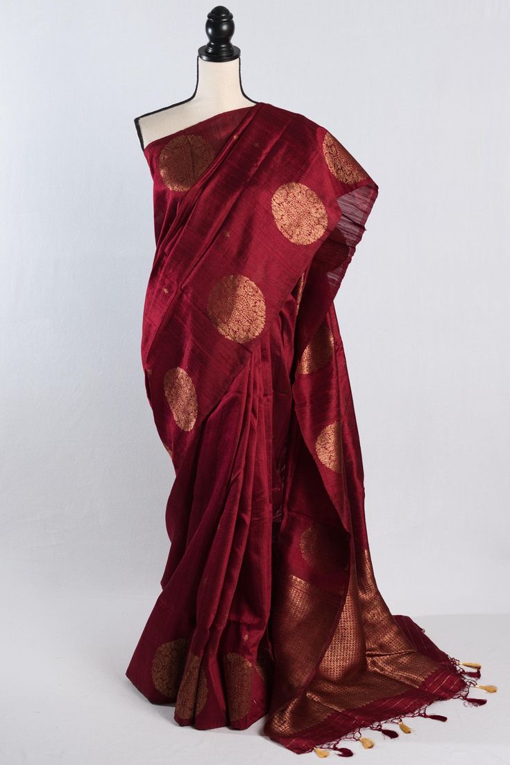 Silk Mark Certified Tussar Banarasi Saree in Maroon, Indian Saree Shipped from USA, Bengal Looms